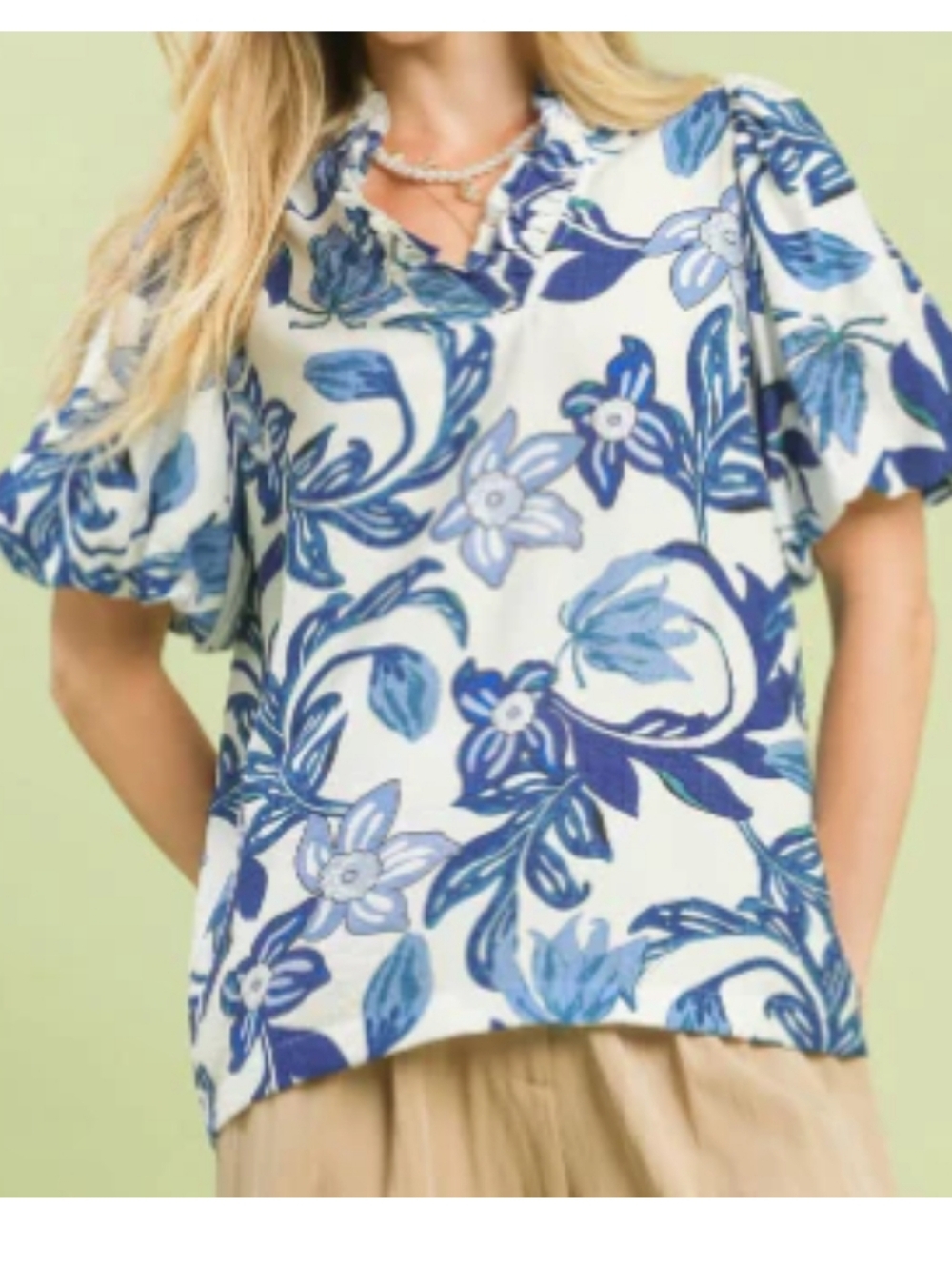 Umgee White Floral Blue Print Short Sleeve Blouse